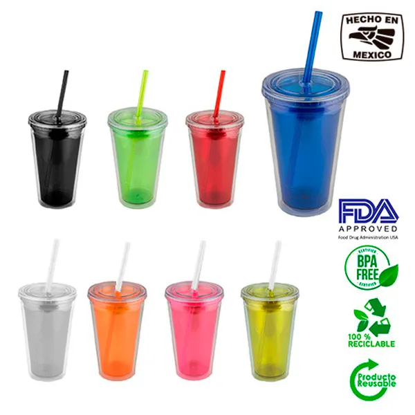 Vasos con popote de distintos colores personalizables como artículos promocionales prácticos y creativos para tu marca.