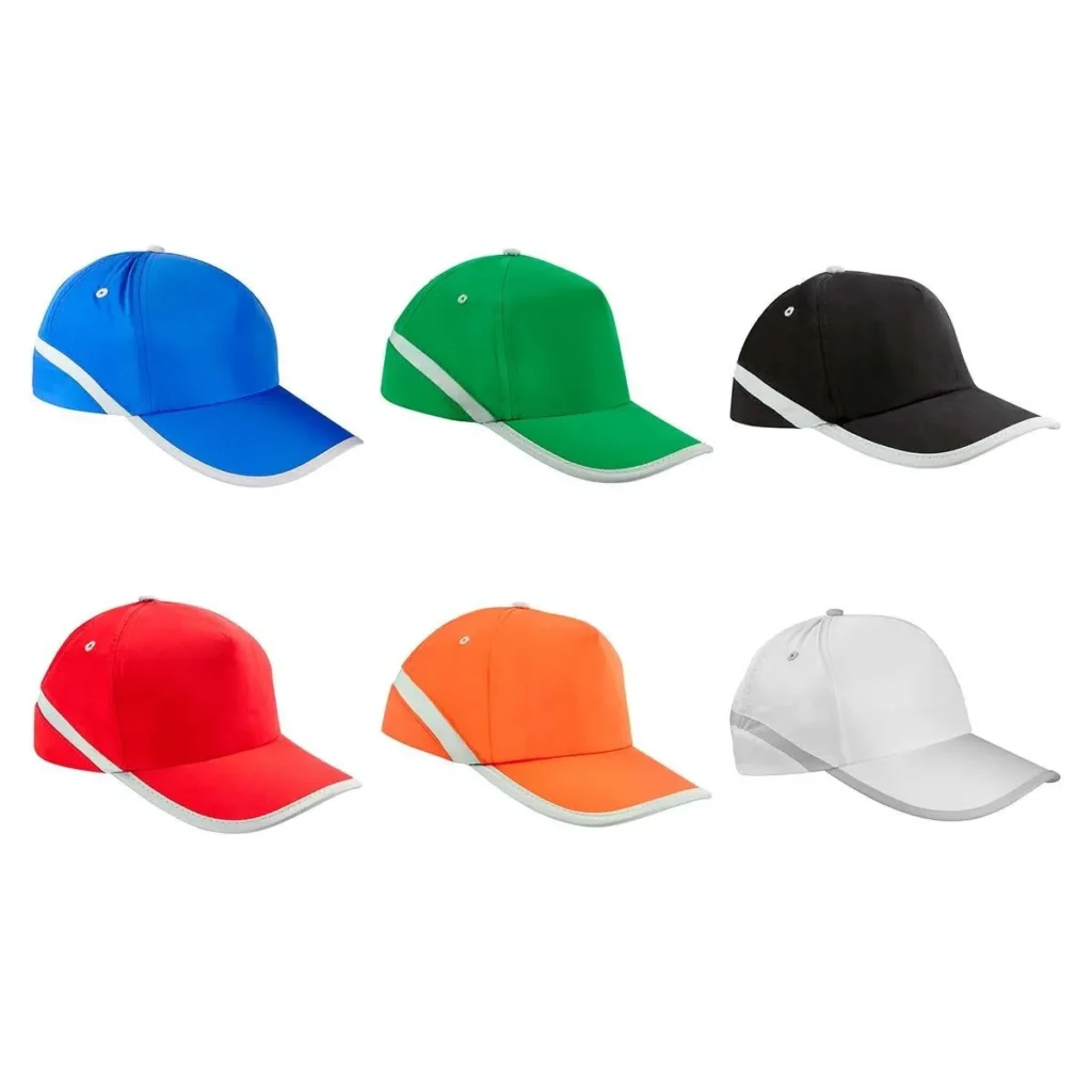 Gorras de varios colores personalizables como artículos promocionales para empresas, eventos o ferias.
