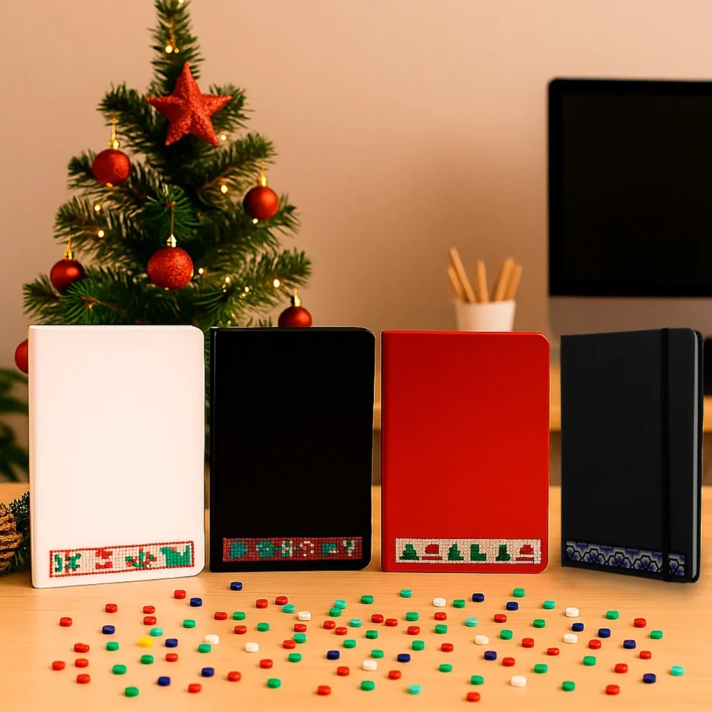 Imagen de agendas navideñas con diseños alegres, perfectos artículos promocionales navidad para regalos corporativos en fin de año.