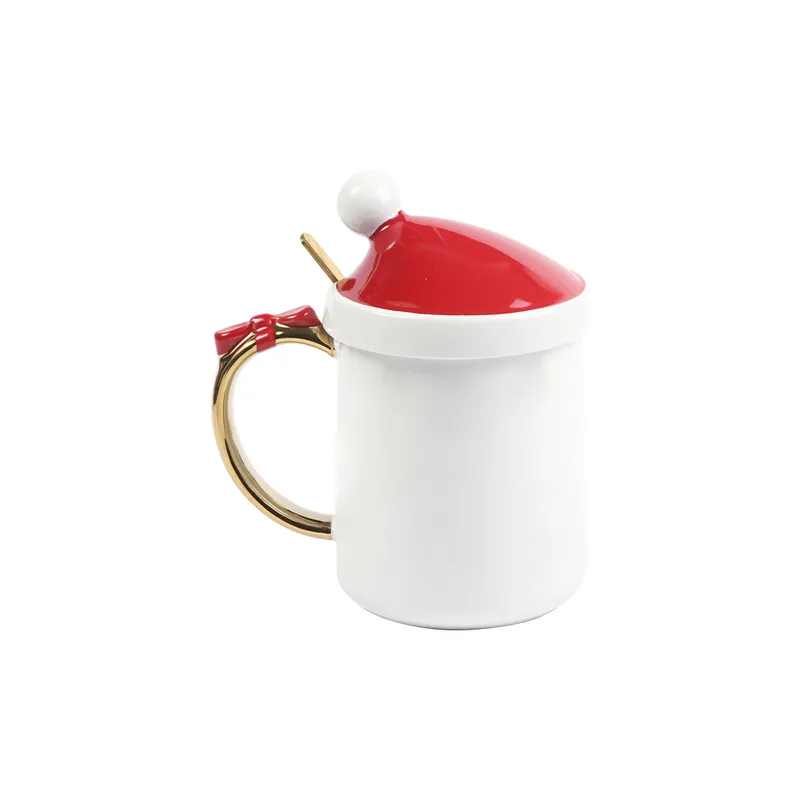 Taza navideña con gorro rojo festivo, diseñada como parte de nuestros artículos promocionales posadas alegres y personalizados.