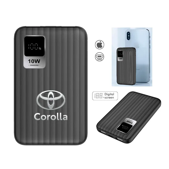 Fotografía de batería portátil para celular con logotipo Toyota, destacando qué son los artículos promocionales funcionales y de alto impacto.