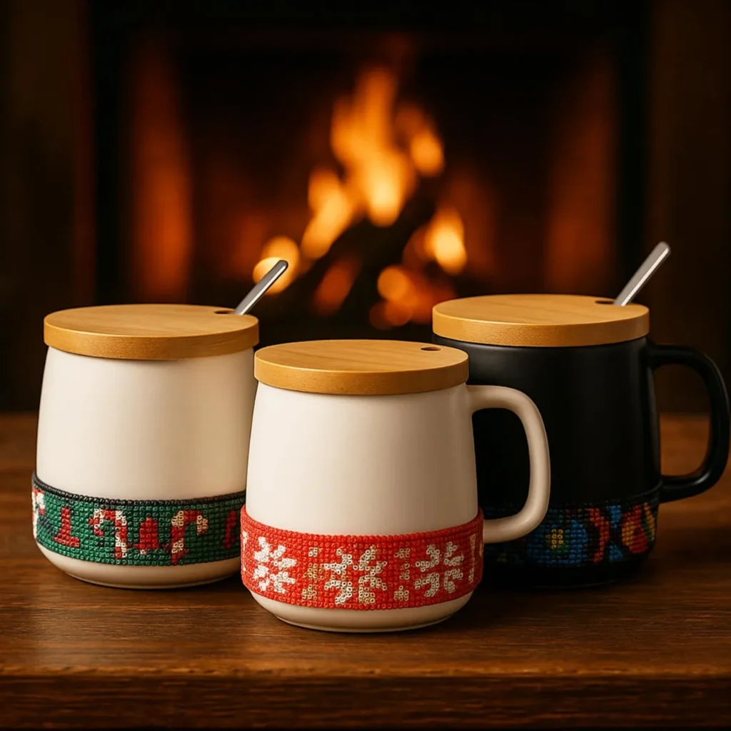Tazas navideñas con diseño elegante, perfecta para artículos promocionales posadas llenos de encanto y calidez invernal.