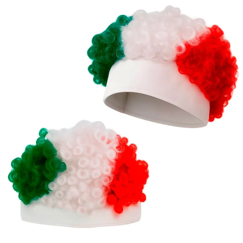 Peluca tricolor verde blanco rojo con ajuste elástico ideal para gorras personalizadas para el mundial en eventos empresariales festivos y promocionales.