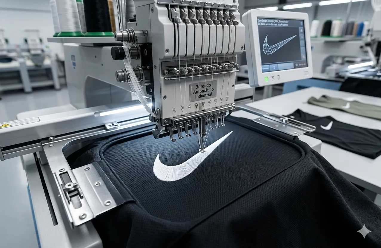 Proceso de bordado automático con maquinaria especializada que cose el diseño digitalizado sobre la prenda con alta precisión y velocidad.
