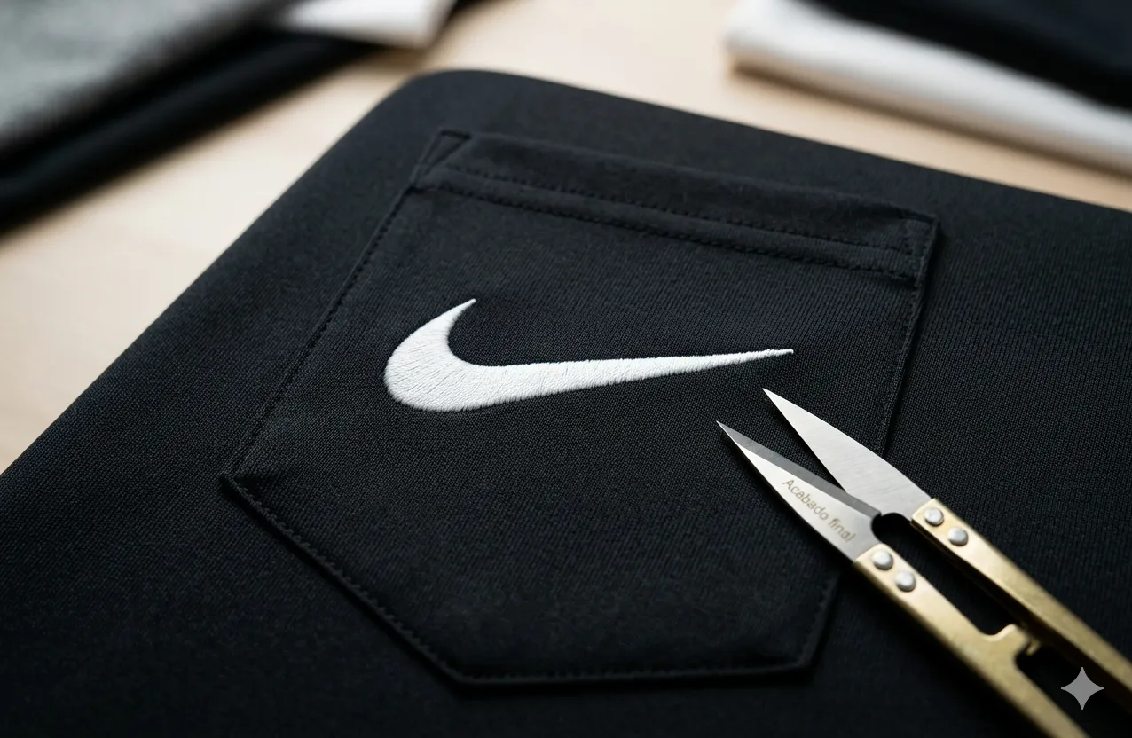 Acabado final del bordado donde se retiran hilos sobrantes, se revisa calidad y se asegura presentación impecable del producto