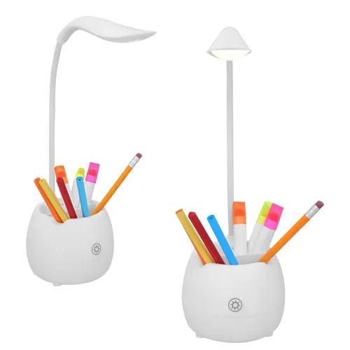 Lámpara con luz LED y lapicero integrado, perfecta para escritorio, destacando como los mejores regalos corporativos.