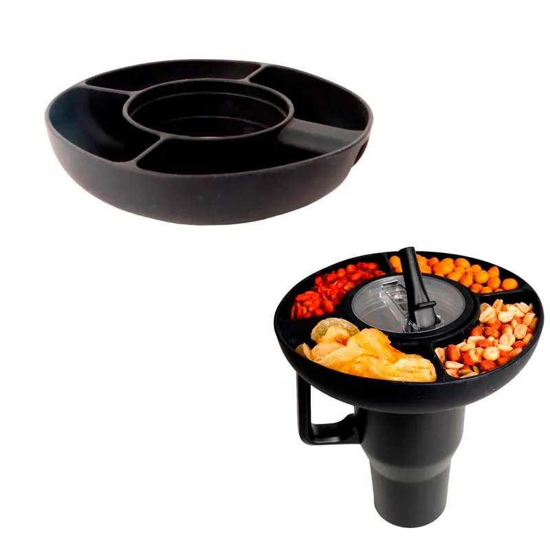 Vaso con plato integrado para botanas práctico y versátil, ideal para eventos, y reuniones que impulsan el branding emocional.