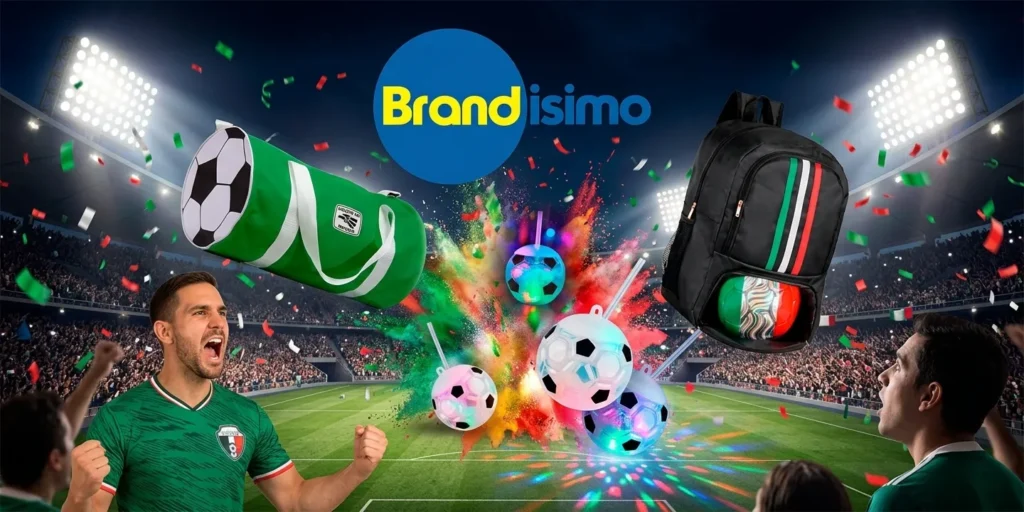Artículos promocionales del Mundial personalizados por Brandisimo mostrando diseños creativos que generan impacto visual durante eventos deportivos.