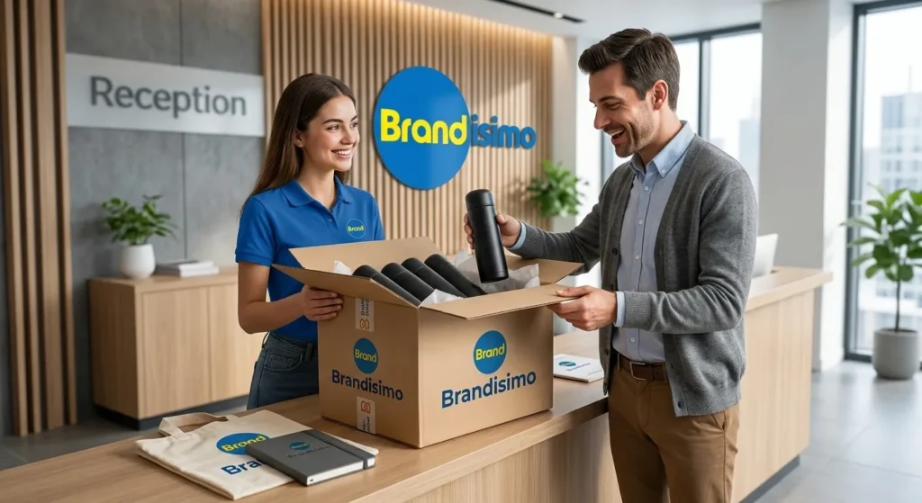 Hombre recibe termos personalizados para fortalecer el reconocimiento de marca durante eventos, campañas empresariales y acciones promocionales.